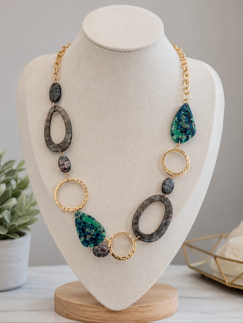 Ashley Cooper Statement Necklace Gold Tone Resin Link Blue Green Abstract NWT